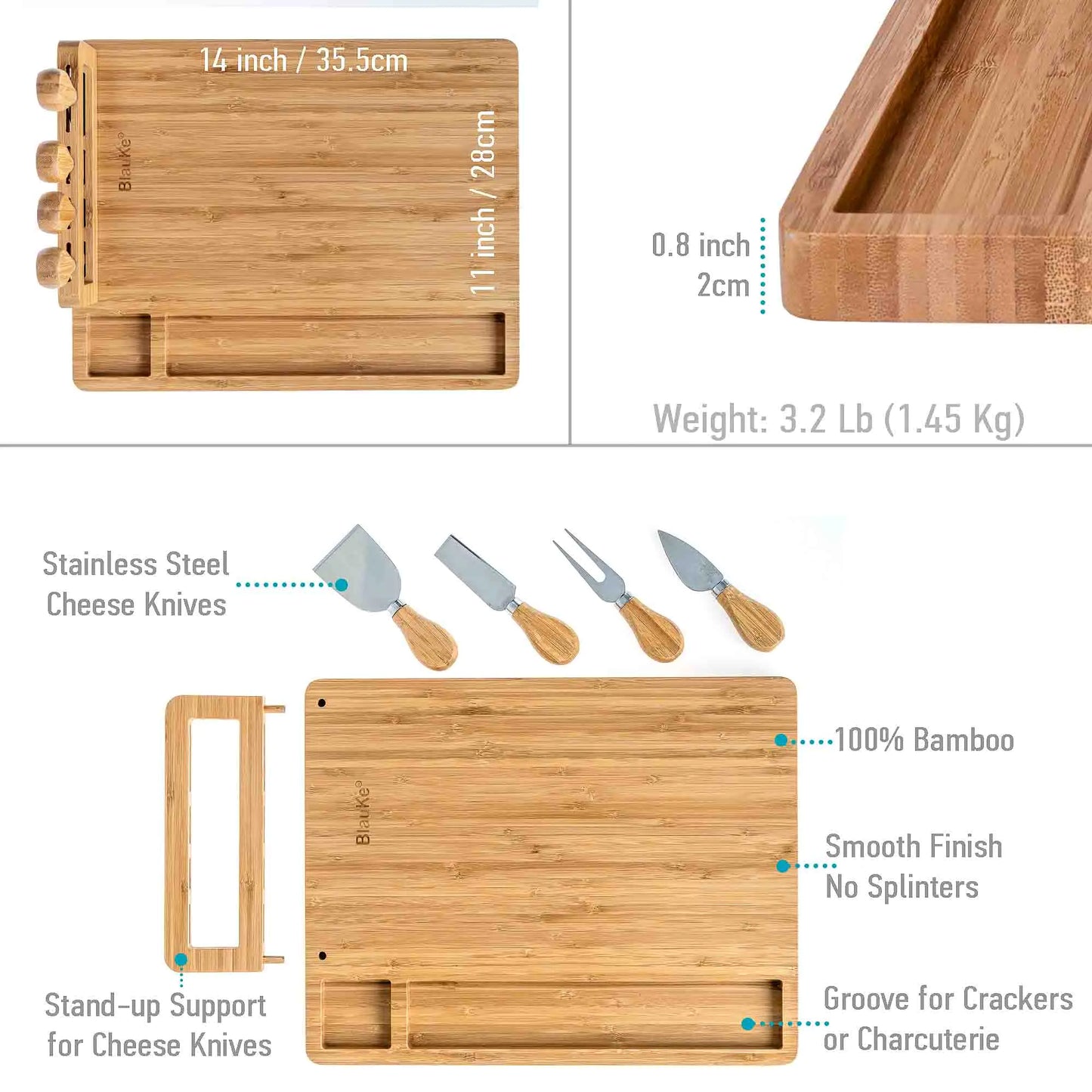 Bamboo Cheese Board and Knife Set - 14x11 inch Charcuterie Board with 4 Cheese Knives - Wood Serving Tray