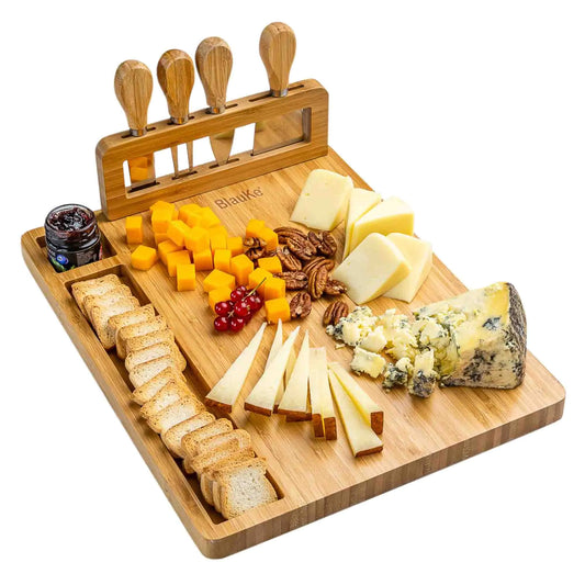 Bamboo Cheese Board and Knife Set - 14x11 inch Charcuterie Board with 4 Cheese Knives - Wood Serving Tray